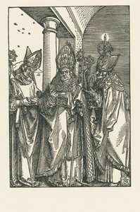 Biskup svatý Mikuláš, svatí Ulrich a Erasmus, asi 1505 (dřevoryt) od Albrecht Dürer or Duerer