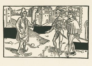 Davus, Pamphilus a Charinus, asi 1492-93 (dřevoryt) od Albrecht Dürer or Duerer