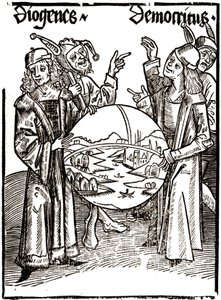 Diogenes (-413 - -327) a Democritus (-460 - -370) - v „“ Das Narrenschif (Loď bláznů)“ od Sébastiena Brandta (1458 – 1521). Rytina. od Albrecht Dürer