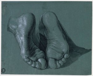 Etude de pieds - Studie dvou nohou - Kresba Albrechta Durera (1471-1528), Akvarel, bílá barva, černá křída na papíře, c1508 (17,6x21,6cm) - Museum Boijmans Van Beuningen, Rotterdam od Albrecht Dürer
