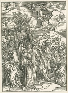 Čtyři andělé zastavující vítr a podpis vyvolených. Zjevení svatého Jana, asi 1497-98 (dřevoryt) od Albrecht Dürer or Duerer