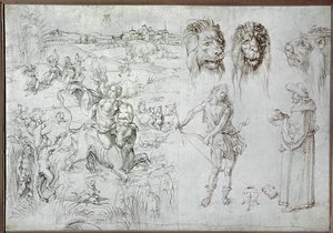 Znásilnění Evropy, lví hlavy, lučištník, šalvěj, lebka (kresba) od Albrecht Dürer or Duerer