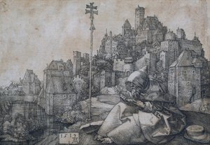 Svatý Antonín sedící před městem - mědirytina od Albrechta Durera (1471-1528) od Albrecht Dürer