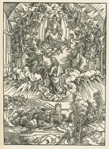 Svatý Jan před Bohem a čtyřiadvaceti staršími v nebi. Zjevení svatého Jana, kolem roku 1496 (dřevoryt) od Albrecht Dürer or Duerer