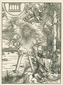 Svatý Jan požírá knihu darovanou andělem. Zjevení svatého Jana, asi 1498 (dřevoryt) od Albrecht Dürer or Duerer