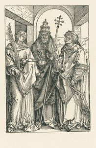 Svatí Štěpán, Sixtus a Vavřinec, asi 1504-05 (dřevoryt) od Albrecht Dürer or Duerer