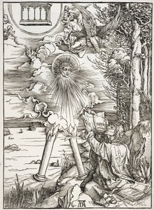 Scéna z Apokalypsy, sv. Jan požírající knihu, latinské vydání od Albrecht Dürer