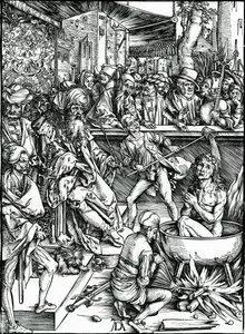 Svatý Jan Evangelista je mučen v kádi s vroucím olejem ze série „Apokalypsa“ od Albrecht Dürer