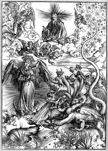 Apokalyptická žena aneb Žena oděná sluncem a sedmihlavým drakem, z Apokalypsy aneb Zjevení sv. od Albrecht Dürer