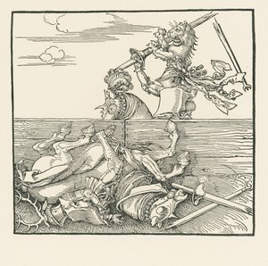 Zahraniční turnaj. Maxmilián zvedá ze sedla svého soupeře Jacopa de Heri, asi 1517-18 (dřevoryt) od Albrecht Dürer or Duerer