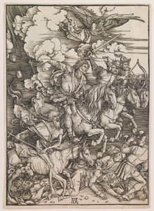 Čtyři jezdci Apokalypsy, z knihy "Apokalypsa", asi 1497-98 (dřevoryt) od Albrecht Dürer or Duerer