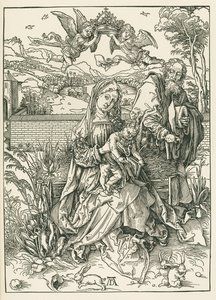Svatá rodina se třemi zajíci, asi 1497 (dřevoryt) od Albrecht Dürer or Duerer