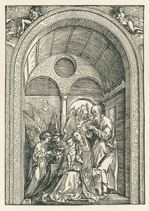 Svatá rodina se dvěma anděly na portiku, asi 1503-04 (dřevoryt) od Albrecht Dürer or Duerer
