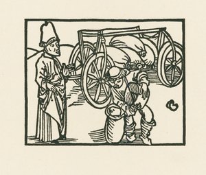 Kněz má na voze pytel a nakládá do něj oves, asi 1489-90 (dřevoryt) od Albrecht Dürer or Duerer
