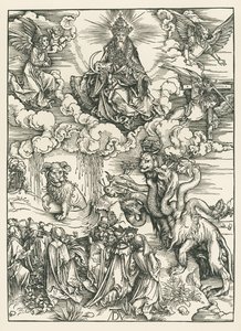 Mořská příšera a šelma s beránčími rohy. Zjevení svatého Jana, asi 1496-97 (dřevoryt) od Albrecht Dürer or Duerer