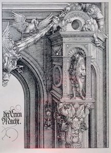 Triumfální oblouk císaře Maxmiliána I. (1459-1519): detail centrálního oblouku (Brána cti a moci) znázorňující listový a oživený sloupový hlavici podpírající rytíře stojícího v architektonickém výklenku, postavu držící jednu stranu visící kartuše od Albrecht Dürer