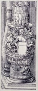 Triumfální oblouk německého císaře Maxmiliána I. (1459-1519): detail centrální Brány cti a moci, levá sloupová základna zdobená pásy listoví a okřídlenými ženskými gryfy, datováno 1515, pub. 1517/18 (dřevořez) od Albrecht Dürer