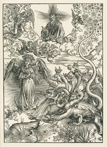 Žena oděná sluncem a sedmihlavý drak. Zjevení svatého Jana, asi 1497 (dřevoryt) od Albrecht Dürer or Duerer