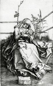Panna a dítě sedí na lavičce v trávě od Albrecht Dürer