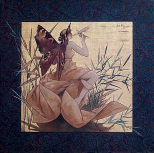 Kompozice s okřídlenou nymfou mezi rákosím - Malba Alexandre de Riquer i Ynglada (1856-1920)