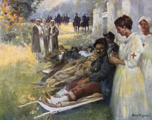 První pomoc“ : Zraněný voják a jeho ošetřovatelka na obvazové stanici během první světové války ve Francii