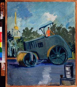 Asfaltová dlažba. (Stroj položí asfalt na ulici). Obraz Alexandra Isaakoviče Rusakova (1898-1952), olej na plátně od Aleksandr Isaakovich Rusakov
