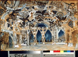 Decor pour la piece de theatre La Dame de la mer de Henrik (Henri) Johan Ibsen (1828-1906) (scéna k divadelní hře Dáma z moře od H. Ibsena). Oeuvre de Alexander Yakovlevich Golovin (Alexandre Golovine) (1863-1930), pastel na kartonu od Aleksandr Jakovlevic Golovin