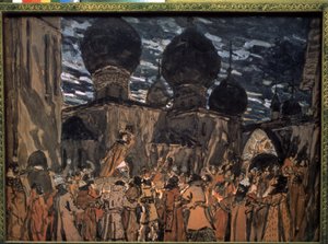 Scéna k opeře Pskovská panna Nicholase Rimského-Korsakova (1844-1908) (scéna k opeře Pskovská panna N. Rimského-Korsakova) Díla Alexandra Jakovleviče Golovina (Al od Aleksandr Jakovlevic Golovin