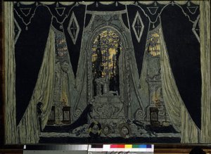 Dekor pro operu "Kamenný host"" Alexandra Dargomyjského (1813-1869) (scéna k opeře Kamenný host od A. Dargomyžského). Dílo Alexandra Jakovleviče Golovina (Alexander Golovin) (1863-1930), olej na dřevě