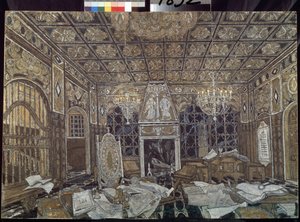 Příprava dekorace pro kus "Othello"" od Williama Shakespeara (1564-1616) (scéna pro hru Othello od Williama Shakespeara) - Malířka Alexandra Jakovleviče Golovina (Alexandre Golovine) (1863-1930), tempera sur bois od Aleksandr Jakovlevic Golovin