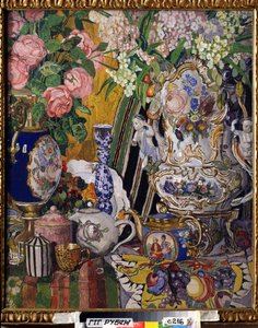 ""Zátiší s květinami a porcelánem"" Obraz Alexandra Jakovleviče Golovina (Alexander Golovin) (1863-1930) 1915 Státní Treťjakovská galerie, Moskva od Aleksandr Jakovlevic Golovin