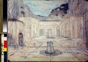 Scénografie k tragédii Antigona po Sofoklovi (496 př. n. l.-406 př. n. l.) (scéna k tragédii Antigona po Sofoklovi). Veřejné náměstí obklopené starožitnými budovami, zasazené do horské krajiny. Alexandrova práce
