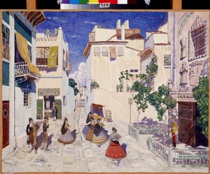 Une rue a Seville (Španělsko), Dekor pro operu Carmen od Georgese Bizeta (1838-1875) (Ulice v Seville, Scéna pro operu Carmen od G. Bizeta). Dílo Alexandra Jakovleviče Golovina (Alexander Golovin) (1863-1930), tempera na papíře