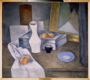 Zátiší s jablky a modrým talířkem (Zátiší s jablky a modrým talířkem) - Dílo Alexandra Vasiljeviče Ševčenka (Alexander Chevtchenko) (1883-1948), olej na kartonu, cca 1910 - ruské umění, 20. století, avantgarda - státní ruština Muzeum, S