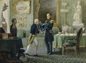 Císař Mikuláš I. uděluje modrou pásku Řádu svatého Ondřeje hraběti Michailu Speranskému, 1880