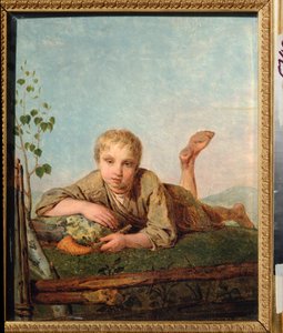 Pastýř s dýmkou - Obraz Alexeje Gavriloviče Venetsianova (1780-1847), olej na plátně, kolem 1820, ruské umění od Aleksei Gavrilovich Venetsianov