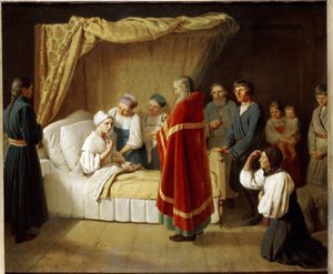 Eucharistie umírajícím. Kněz pravoslavné církve přichází k lůžku nemocné ženy, aby jí udělil liturgickou svátost, obklopený členy své rodiny. Obraz Alexeje (Alexis) Gavriloviče Venetsianova ( od Aleksei Gavrilovich Venetsianov