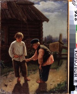 Zahrajte si Knucklebones. Dvě bosé děti si hrají na dvoře před dřevěným domem na venkově. Obraz Alexeje Ivanoviče Korzukhina (1835-1894), olej na plátně. Ruské umění 19. století. Státní muzeum umění, Nižnij Novgorod (R