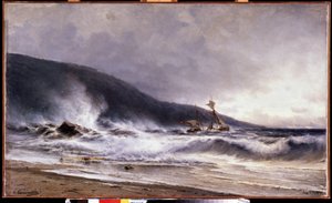 Ecume a Cap Martin (Francie) (Surfujte na Cap Martin). Obraz Alexeje Petroviče Bogolyubova (Bogoliubov nebo Bogolioubov) (1824-1896). Olej na plátně od Aleksei Petrovich Bogolyubov