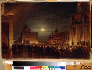Velikonoční maturanty. Shromáždění za úsvitu davu praktikujících, nesoucích zapálené svíčky, kolem kněží a biskupů k oslavě liturgického svátku na náměstí orámovaném kostely. Obraz Alexeje Petroviče Boga