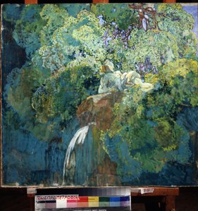 Na jezeře (U rybníka). Socha, utopená v zeleni, překonává vodopád. Obraz Alexeje Iljiče Kravčenka (1889-1940), olej na plátně