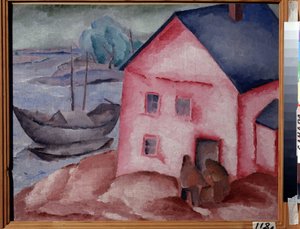 Růžový dům u řeky (A Pink House at the River). S párem, člunem a kotvícím člunem. Obraz Alexeje Iljiče Kravčenka (1889-1940), olej na plátně