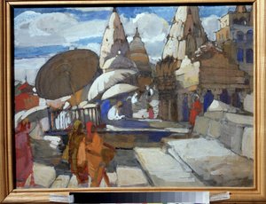 Pagoda v Benares (Indie) (Pagoda v Benares). Popis indických ulic a budov, s některými postavami v tradičních krojích zapojenými do každodenních činností. Obraz Alexeje Iljiče Kravčenka (1889-1940), olej na plátně