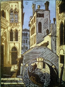 Benátky, Itálie (Benátky). Kanál, gondola, most a fasády města. Dílo Alexeje Iljiče Kravčenka (1889-1940), dřevoryt. Ruské umění, krajina 19.-20. století. Státní Treťjakovská galerie, Moskva. (Rusko).