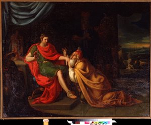 Priam a Achilles. Scéna s postavami z trojské války. Obraz od Alessandra Varotariho známý jako Il Padovanino (1588-1649). Olej na plátně. Benátské umění, barokní styl. Muzeum umění Dálného východu, Chabarovsk, Rusko.