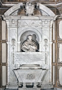 Pohřební pomník na počest kardinála Giovanni Garcia Melliniho s portrétem v bustě Mramorová socha od Alesssandra Algardiho (1598-1654) 1630 kolem římské baziliky Santa Maria del Popolo, Cappella Mellini