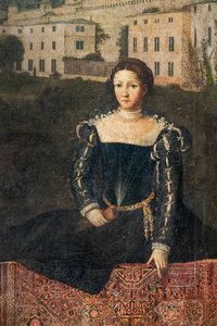 Portrét šlechtičny, detail Malé komnaty urozených dam (olej na plátně nalepeném na stěnách) od Alessandro Bonvicino Moretto