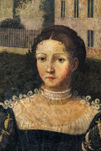 Portrét šlechtičny, detail Malé komnaty urozených dam (olej na plátně nalepeném na stěnách) od Alessandro Bonvicino Moretto
