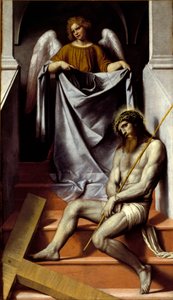 Umučení Krista a anděla Kristus padá v utrpení blízko svého kříže. Obraz Alessandra Bonvicino dit Il Moretto da Brescia (1498-1554) 16. století Sun. 209x126 cm Brescia, Pinacoteca Tosio Martinengo