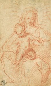 Madonna a dítě (červená křída na papíře)